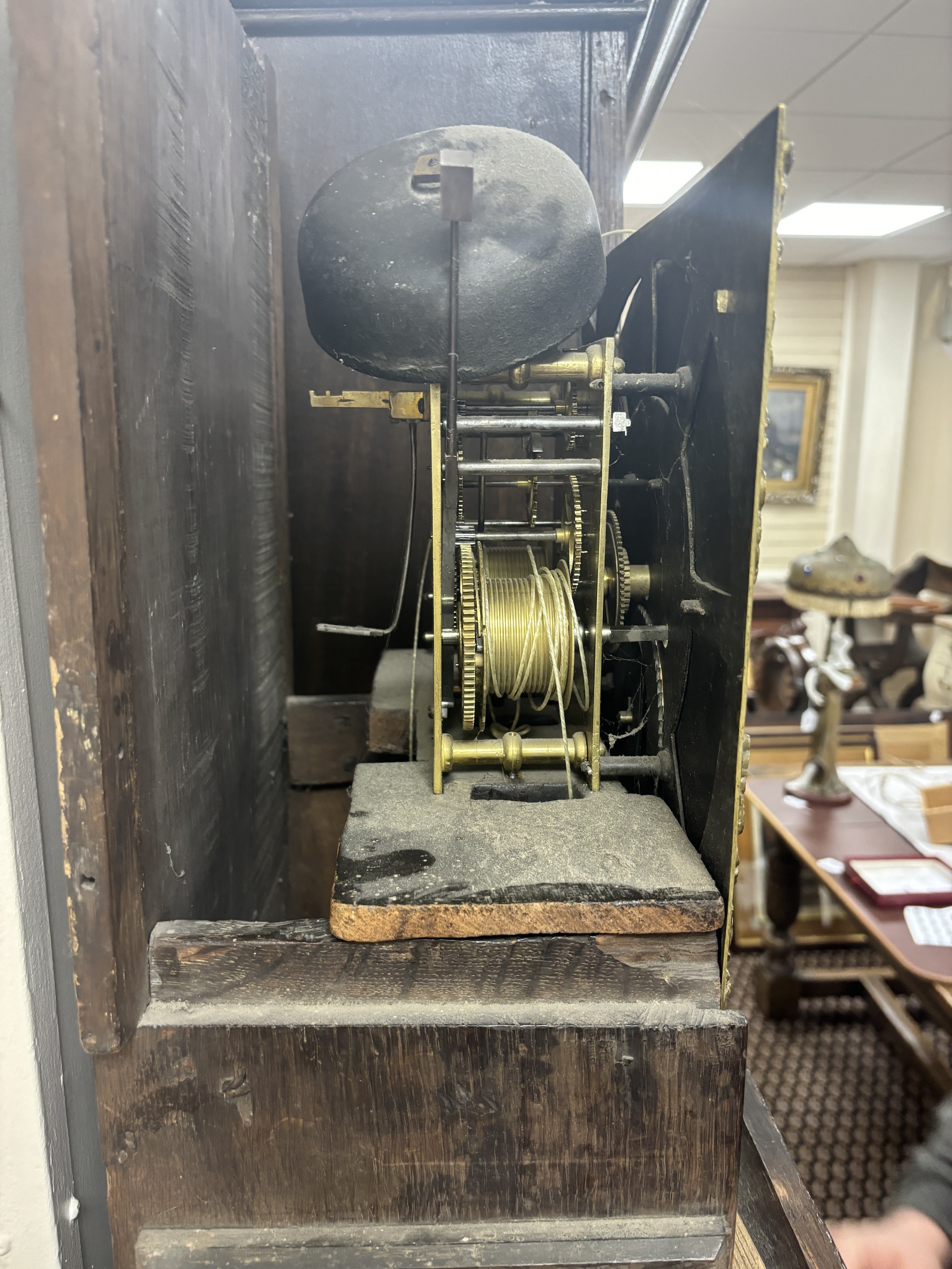 A mid 18th century inlaid oak eight day longcase clock with a square brass dial, Richard Bullock, Ellesmere, height 208cm